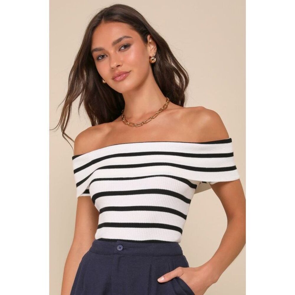Lulus Easily Endearing Ivory Striped Ribbed Knit Off-the-shoulder Top White